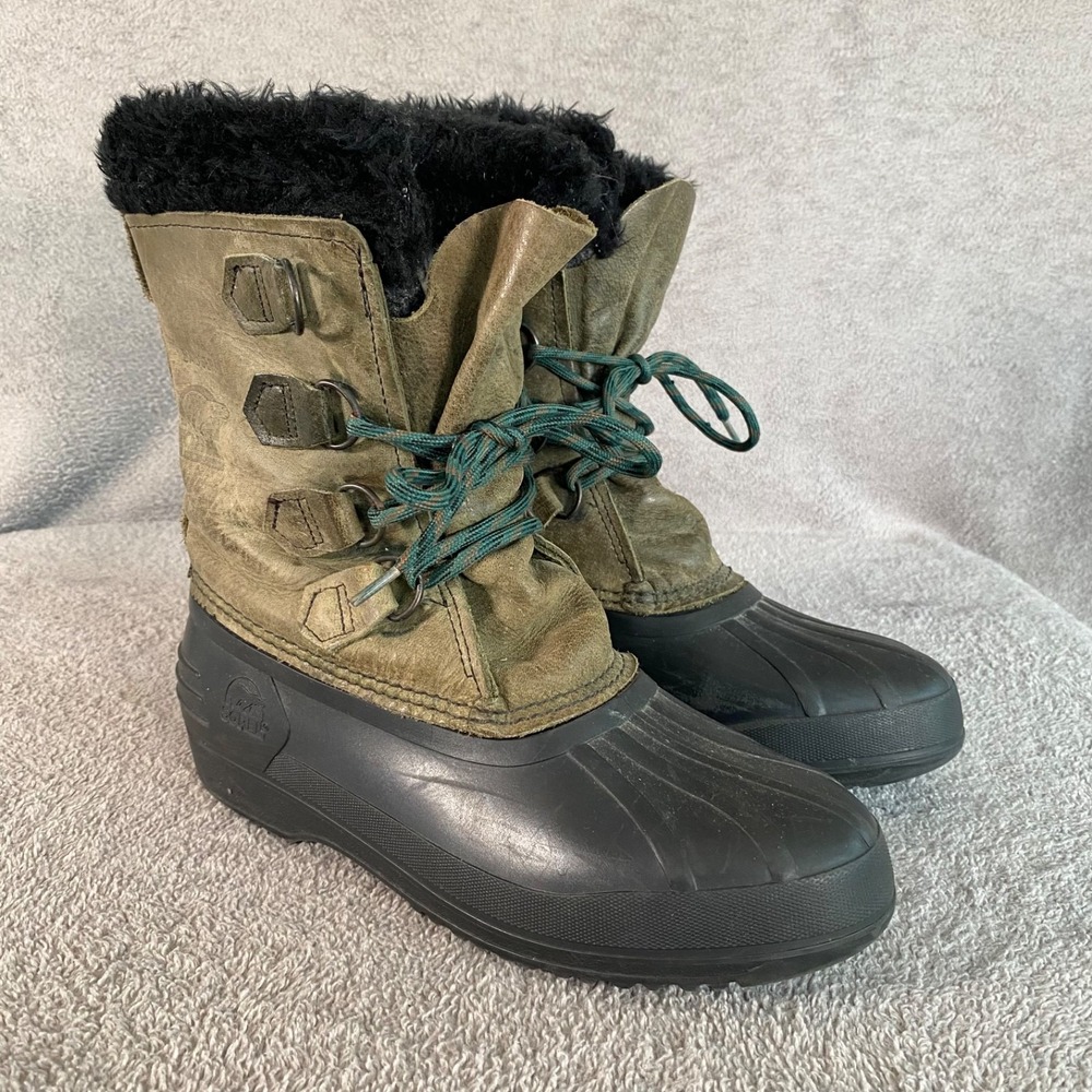 Vintage Sorel Womens Badger Olive Leather Snow Boots Size 9 Felt Lined Made USA